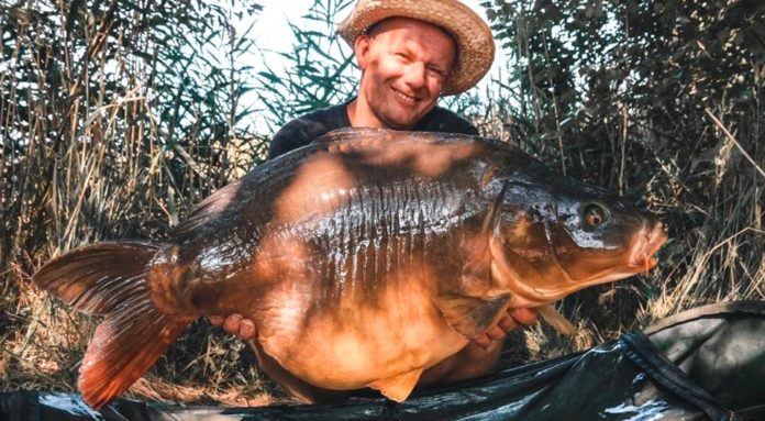 Rybář Tomáš Blažek ulovil trofejního kapra lysce při letním rybaření