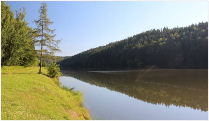 Pohled na krajinu u nádrže Kořensko za slunného dne