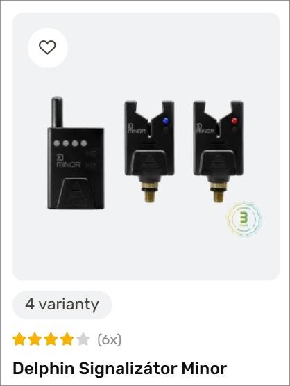Delphin Minor signalizátor set: transmitter left and two receivers on a light gray background on a pale card.