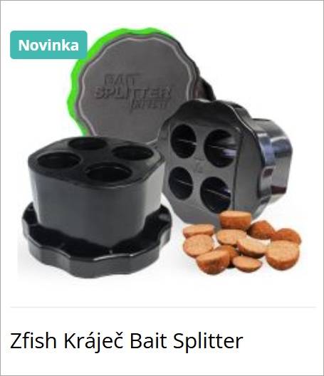 Zfish Kráječ Bait Splitter — black multi-compartment bait cutter with four round molds and orange bait pieces nearby (Novinka).