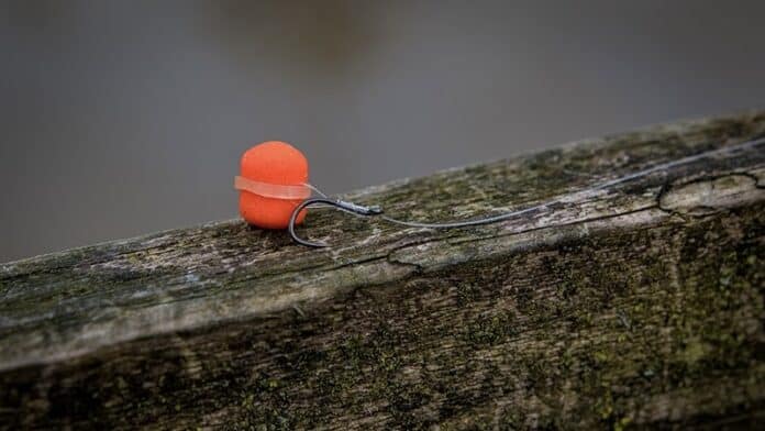 Orange fishing bobber attached to a line rests on a weathered log by the water.