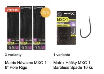 Three MXC-1 6" pole rigs in packaging, with sale labels (Vyprodej and -50%). What information does this convey to the user? It shows available variants and discounts on pole rigs for fishing. This is an informative image for a product listing, highlighting three packaging options and a sale tag.