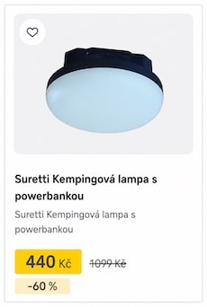 Round white camping lamp with a black base on a product card; price 440 Kč, 60% off from 1 099 Kč.