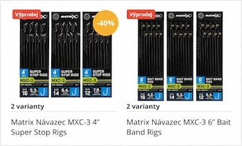 Product image: Matrix MXC-3 3" Super Stop Rigs package with 40% off badge; two rigs visible in packaging on a white background.