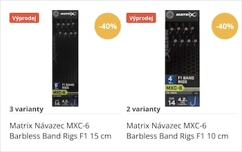 Two Matrix MXC-6 barbless band rigs (15 cm and 10 cm) on sale, shown in product images with 40% off badges and 'Výprodej' labels, on a white background.