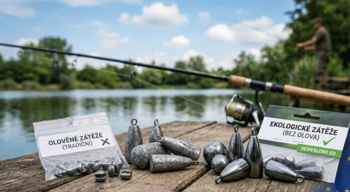 Fishing rod leaning over a lake with a wooden dock, metal weights laid out and labeled bags for traditional lead vs eco-friendly weights on display.