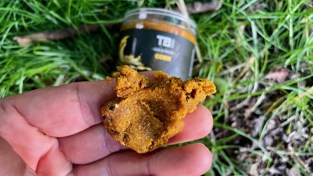 Hand holding a small, crispy golden fried nugget or bite outdoors on grass, with a jar of sauce blurred in the background.