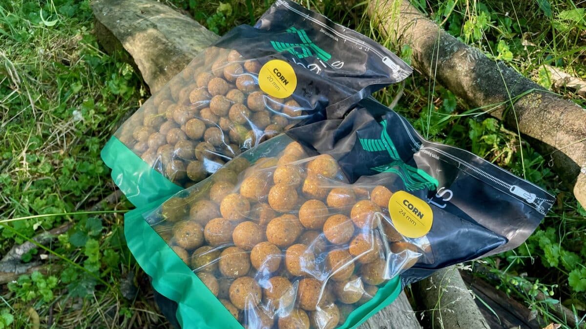 Two bags of round brown fishing boilies labeled corn 20 mm and 24 mm rest on a log in a green, leafy outdoor area.