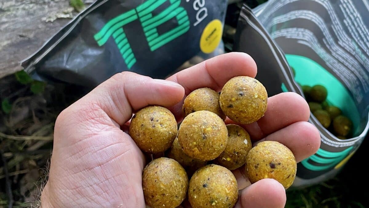 Hand holding several round golden-brown fishing boilies with a tackle bag in the background.