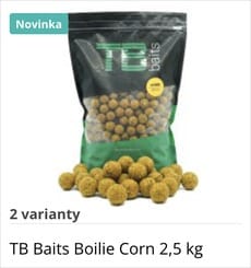 Product photo: TB Baits Boilie Corn 2.5 kg bag with yellow boilies spilling out, new variant (Novinka).