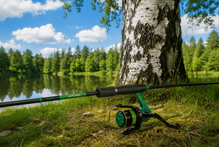 Fishing rod with green reel propped near a birch tree by a calm lake and forested shore under a blue sky.