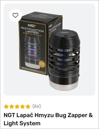 NGT multifunction lantern with bug zapper and light system, black cylindrical device beside its box on a white background.