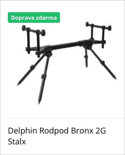 Delphin Rodpod Bronx 2G Stalx fishing rod pod with adjustable legs; free shipping badge in top-left corner.
