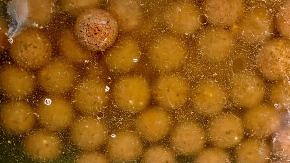 Close-up of golden brown potato chips frying in hot oil, with small bubbles and dark specks on the surface