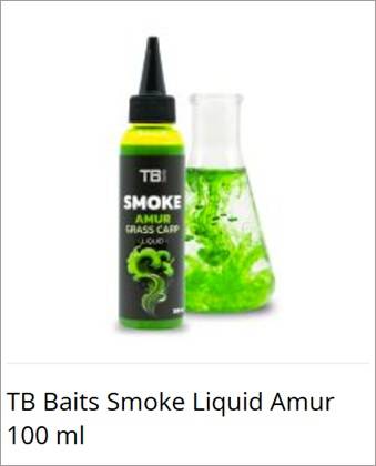 TB Baits Smoke Liquid Amur Grass Carp fishing lure bottle (100 ml) next to a clear flask with green liquid