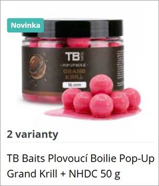 TB Baits Grand Krill pink pop-up boilies (16 mm) with a jar and a 'Novinka' badge; several pink boilies displayed in front.