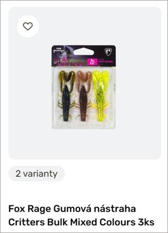 Blister-pack of three soft fishing lures in black, brown, and neon yellow, labeled 'Fox Rage Critters Bulk Mixed Colours' with a '2 variant' tag nearby.