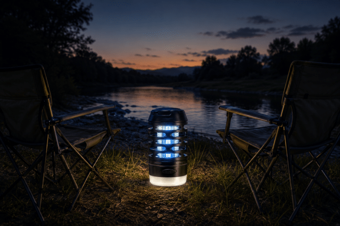 Blue lantern glowing on the ground between two camping chairs by a river at dusk, with a tranquil water and treeline in the background.