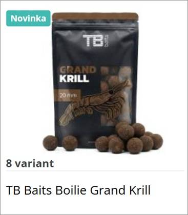 Pouch of TB Baits Boilie Grand Krill 20 mm with several round boilies scattered in front; 'Novinka' badge in the corner.