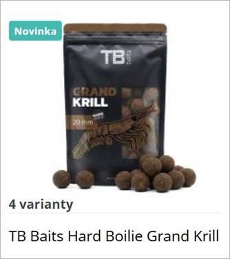TB Baits Grand Krill hard boilie bag with several round boilies in front; teal 'Novinka' badge on the corner.