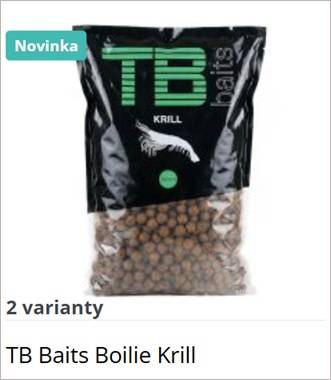 Black TB Baits Boilie Krill bag with teal logo and krill graphic; indicates two variants available.