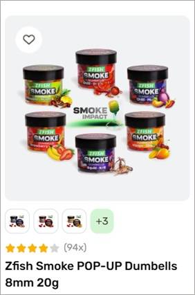 Six jars of Zfish Smoke flavor bait arranged in a circle on a pale gray/white background, with fruit illustrations around them, showing a multi-pack product image.