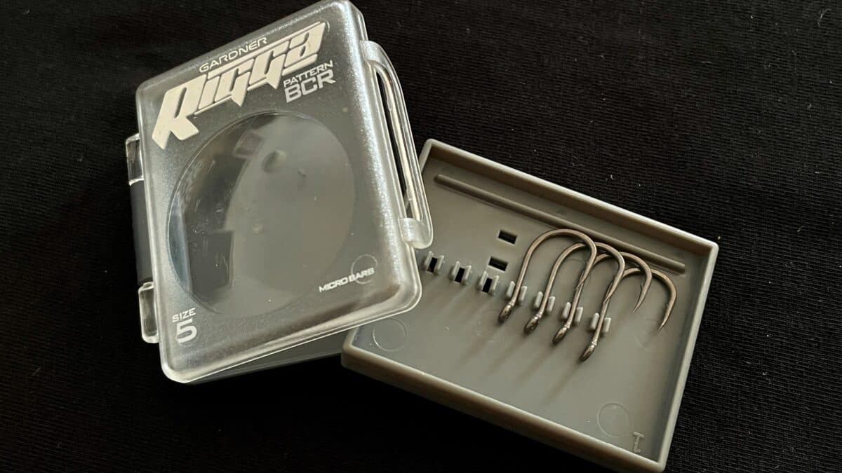 Plastic tackle box open to reveal a row of curved metal fishing hooks in a tray, ready for use in fishing.