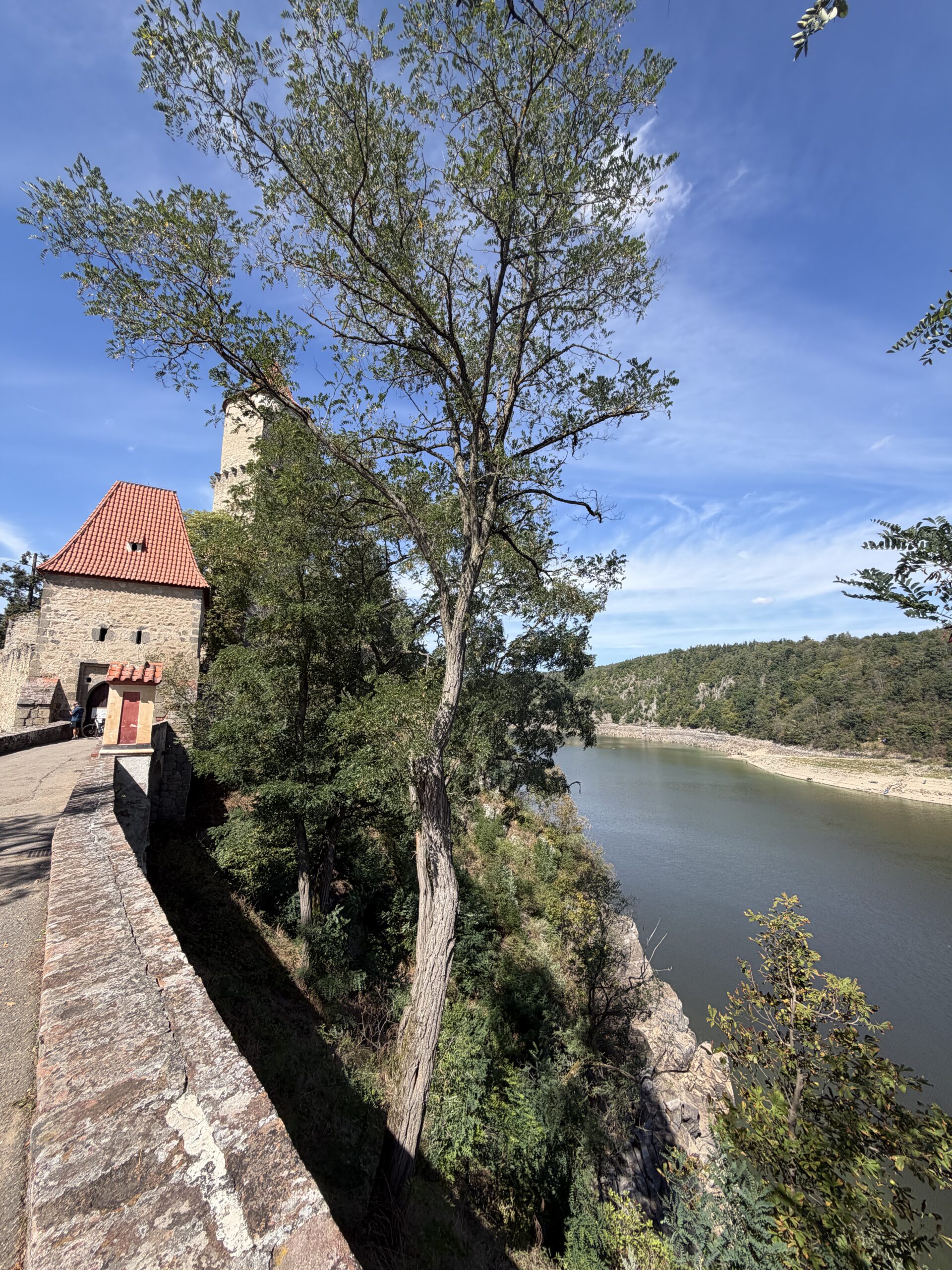 Stone building with a red-tiled roof beside a river, framed by a large foreground tree and a stone wall.