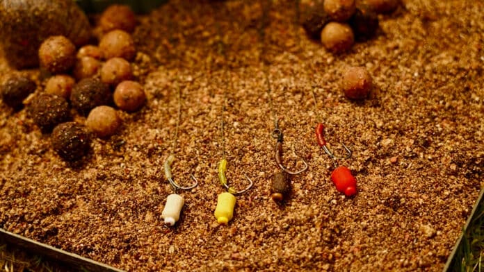 Fishing lures with colorful bodies and hooks laid out on a sandy rocky shore under warm lighting.