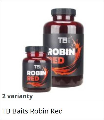 Two TB Baits Robin Red bottles, a large and a small container with dark red liquid and black labels.
