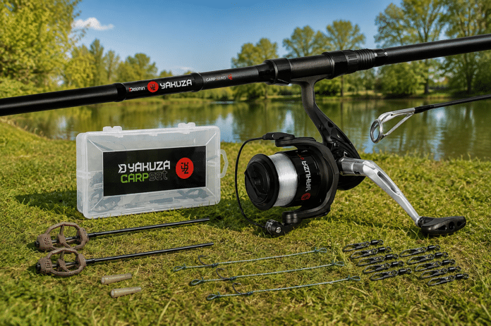 Fishing rod with a spinning reel on a grassy lakeside, along with a tackle box labeled Yakuzа Carp Set and assorted lures and accessories laid out.