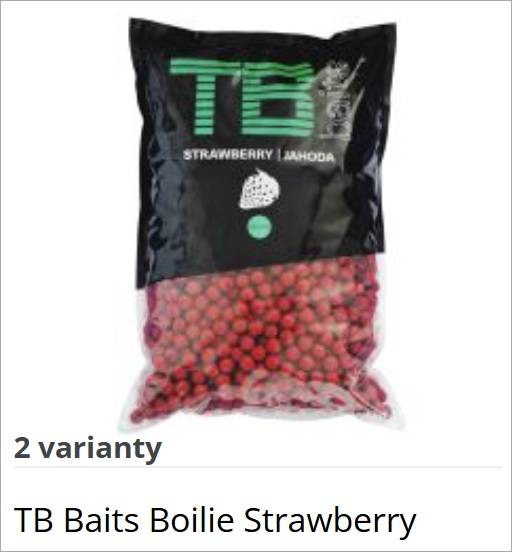 Bag of TB Baits Boilie Strawberry flavor, transparent section reveals red boilies inside.