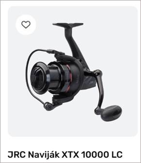 Black spinning fishing reel with handle, shown against a light gray panel; product name 3RC Naviják XTX 10000 LC.