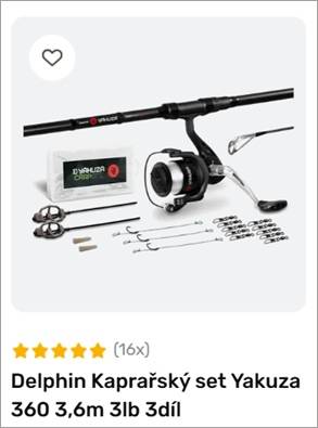 Carp fishing rod set with reel and multiple lures and accessories on a light background, labeled Delphin Yakuza 360 3.6m 3lb 3-piece rod set.