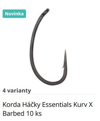 Black curved barbed fishing hook with a teal 'Novinka' badge; product is Korda Essentials Kurv X Barbed hooks, 10 pcs