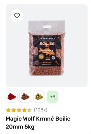 Product image: bag of Magic Wolf boilies 20 mm, 5 kg, labeled on the front, shown on a light background with flavor option swatches beneath.