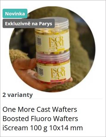 Product image of two jars labeled iScream Wafters Boosted Fluoro Wafters, held in a hand inside a circular crop with 'Novinka' and 'Exkluzivně na Parys' badges.