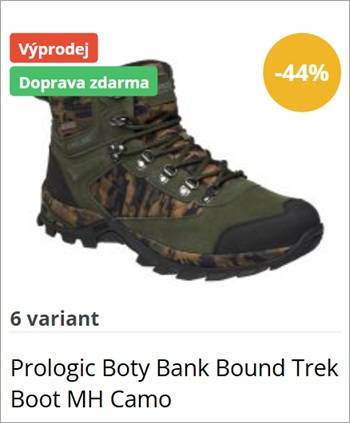 Camouflage hiking boot with rugged sole; sale labels 'Výprodej', 'Doprava zdarma' and a yellow '-44%'; '6 variant' text nearby.