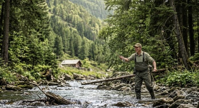 Man in waders stands in a rocky forest stream, casting a line with a long fishing net as a cabin sits among trees in the background.
