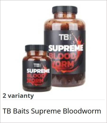 Two TB Baits Supreme Bloodworm bottles (large and small) with black labels.