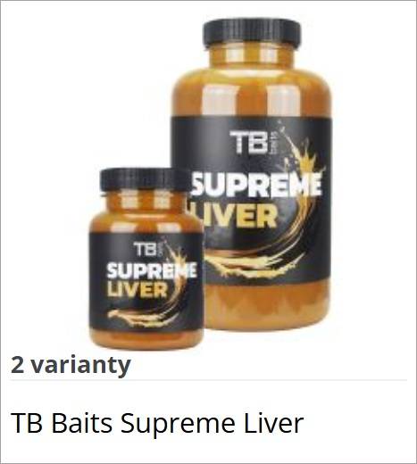 Two TB Baits Supreme Liver supplement bottles (large and small) on a white background, showing the black and gold labels: 'Supreme Liver'.
