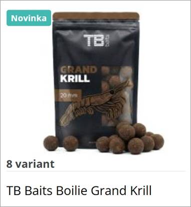 TB Baits Grand Krill boilies (20mm) in black packaging with several boilies spilled in front; eight variants available