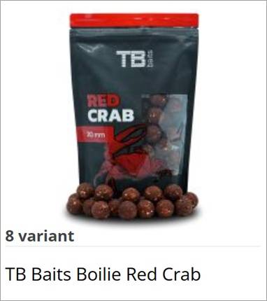 Bag of TB Baits Boilie Red Crab flavor with a red crab graphic, surrounded by boilies on a white surface.