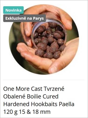 New – exclusive in Paris: One More Cast paella-flavored hardened hookbaits, 120 g, 15 & 18 mm, shown in hands with a jar pocketed in palm.