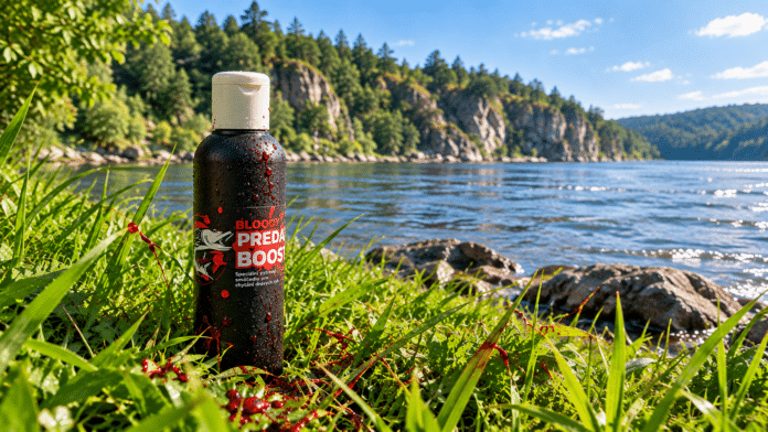 A dark sports drink bottle with a white cap sits in green grass by a lake, with red liquid splatters on the bottle and ground near a rocky shoreline.
