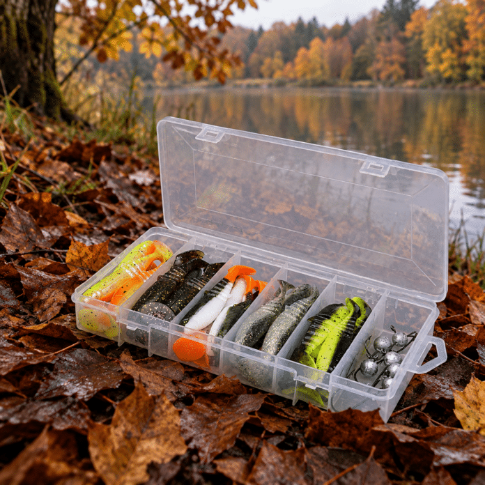 Open tackle box with assorted fishing lures on autumn leaves beside a calm lake