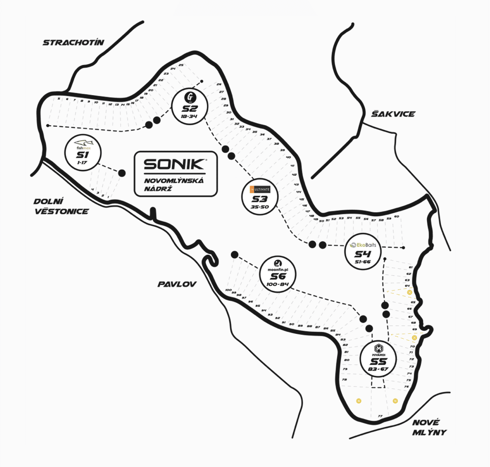 Map showing the Sonik Novomlynská Reservoir with labeled fishing zones S1–S6 and trail lines around the lake.