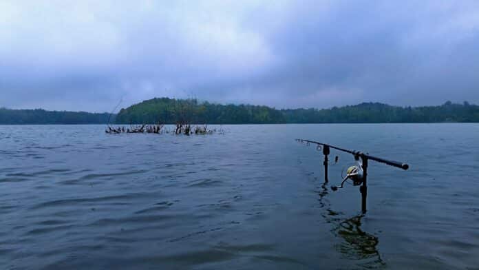 Overcast lake scene with a fishing rod set in shallow water along the right foreground and a tree-lined shoreline in the distance.