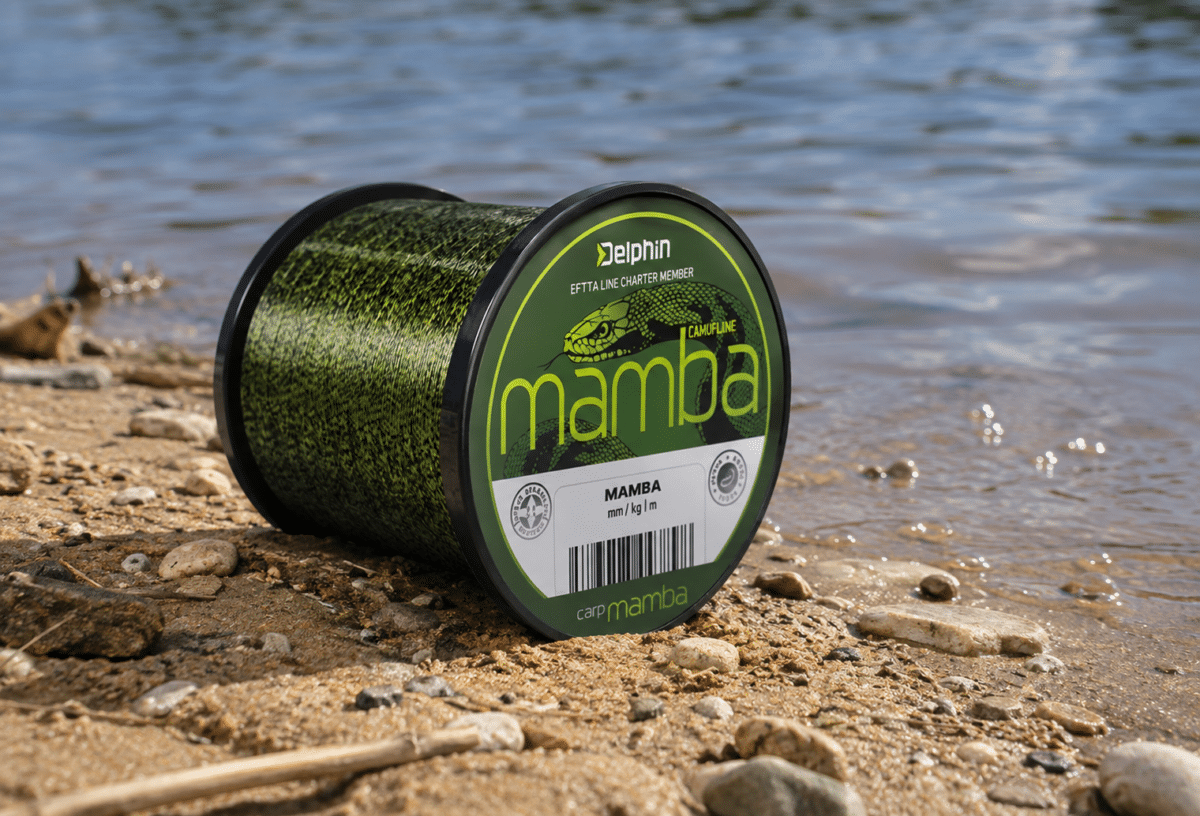 Green camouflage fishing line spool labeled 'mamba' on a rocky shore by the water.