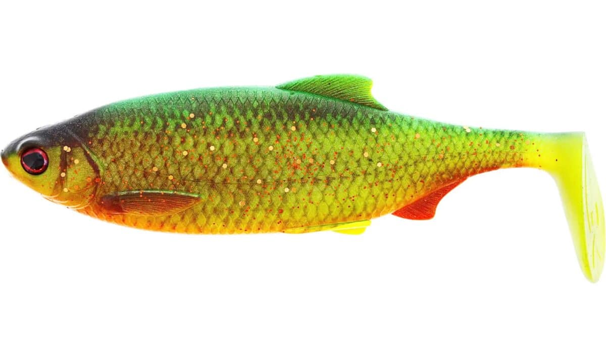 Glittery green-yellow-orange fish-shaped fishing lure with orange specks and a yellow tail tail fin.